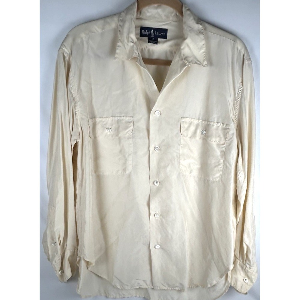 Vtg Ralph Lauren 100% Silk Cream Button Up Blouse Top Sz 12 Pockets Hong Kong